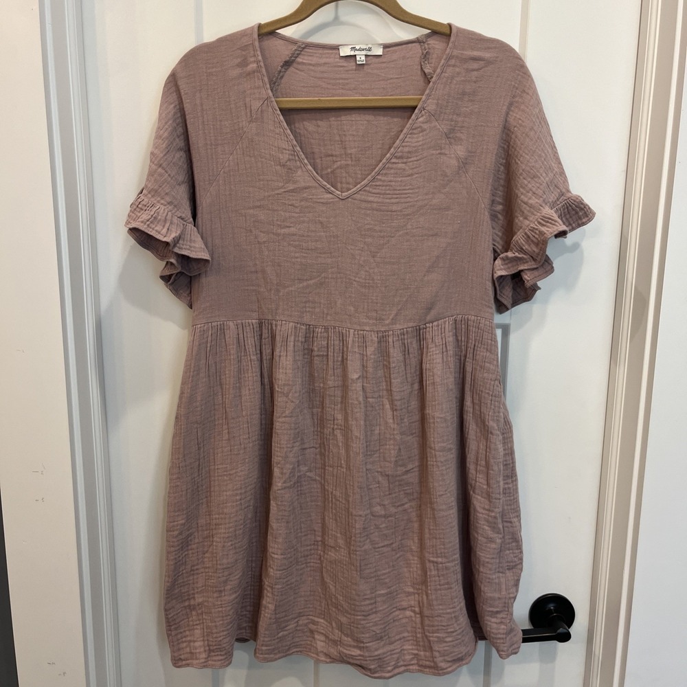 Madewell Ruffle Sleeve Easy Minidress Pale Thistle Mauve Small Gauzy Lightweight